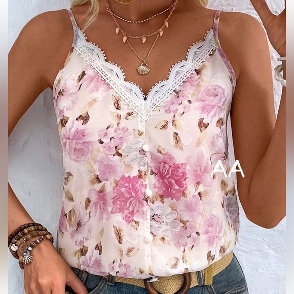 Classic Elegant Sheer Mesh Lace V Neck Cami Tank Top Blouse Shirt - Picture 2 of 10